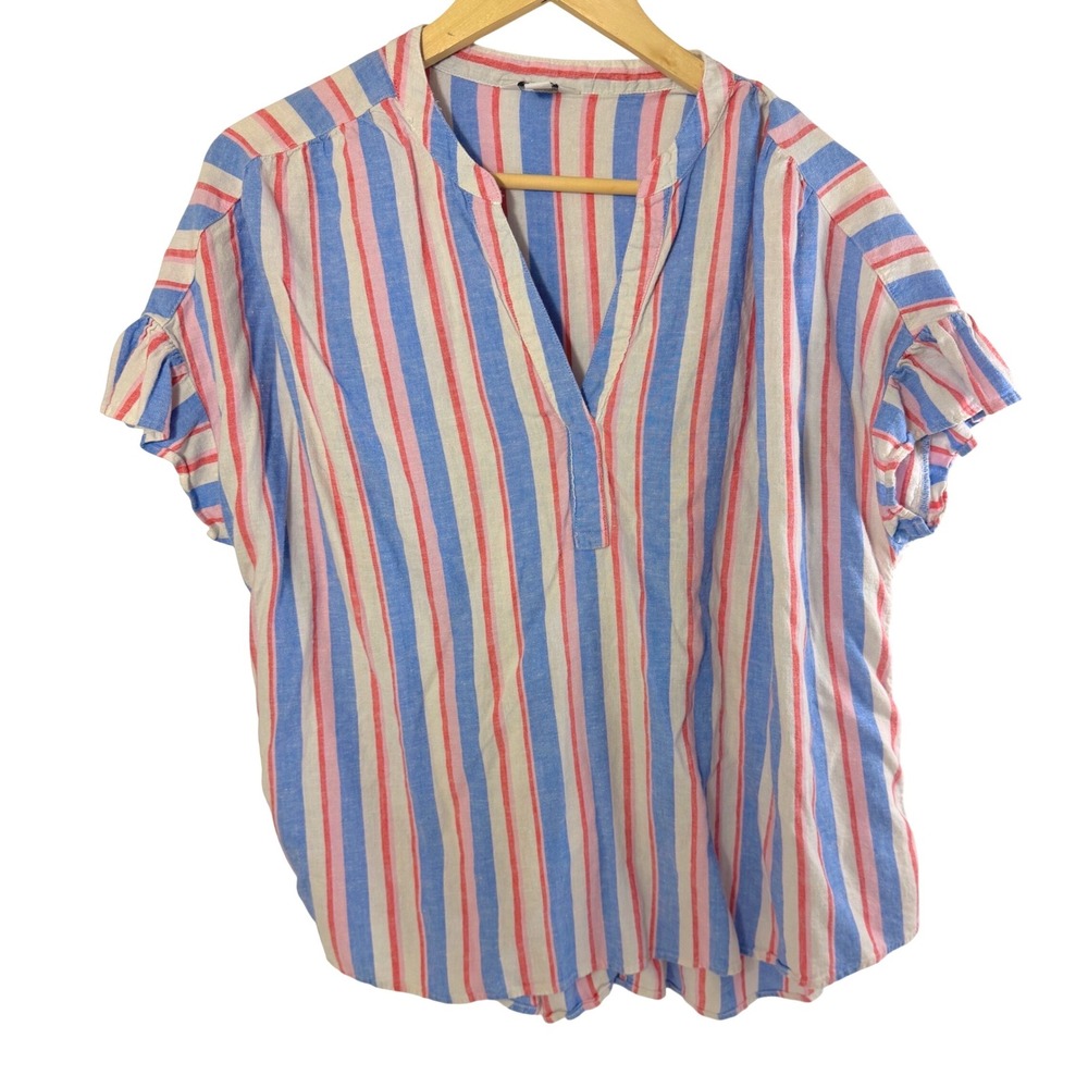 Crown & Ivy Womens L Linen Blend Striped Ruffle Sleeve Blouse Blue Pink